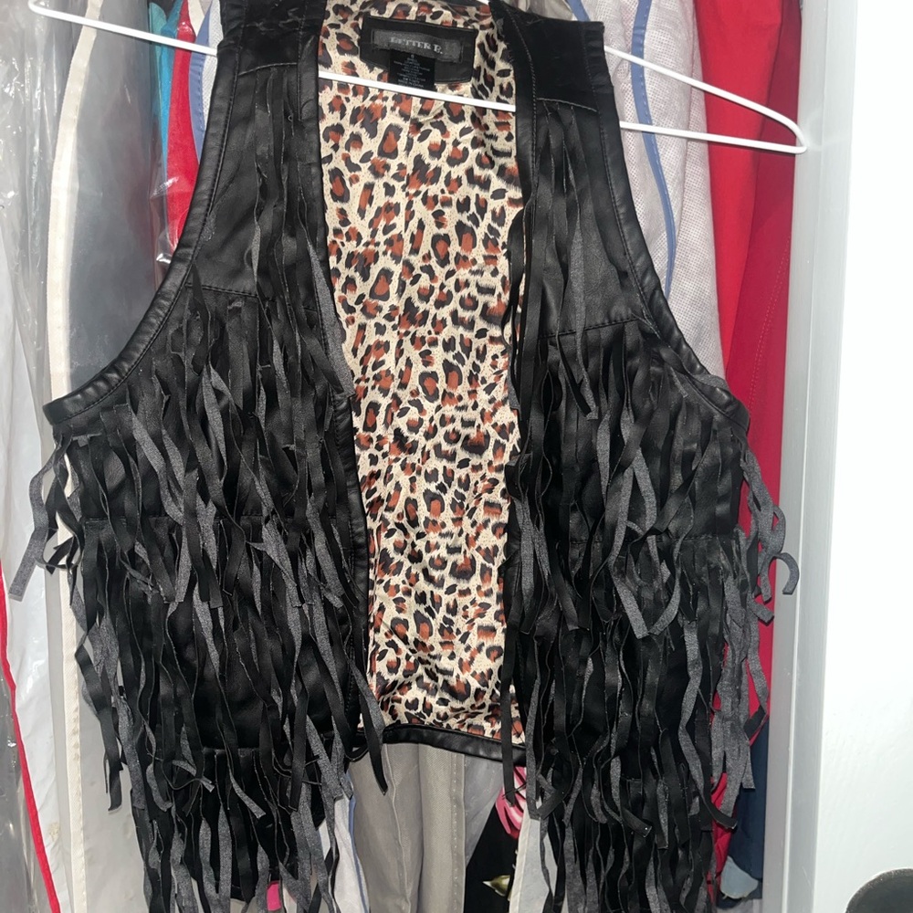 Faux Leather Fringe Black Vest Cheetah Lined Size Small